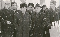 The first demonstration of the staff on the 7th of November, 1964. From left to right: V.P. Maksimov, I.D. Karyagin, R.М. Bikbulatov, Ya.М. Kagan, А.V. Merzlyakov, V.I. Belov, О.А. Mezhlumov, N.М. Lyashko