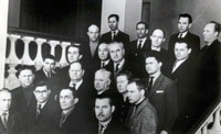 First Tyumen oilmen at one of meetings in industrial department of Communist Party of the Soviet Union regional committee, Tyumen, March of 1964. In the center: А.К. Protazanov, О.А. Mezhlumov, А.М. Slepyan; in the first row, second left – V.I. Belov